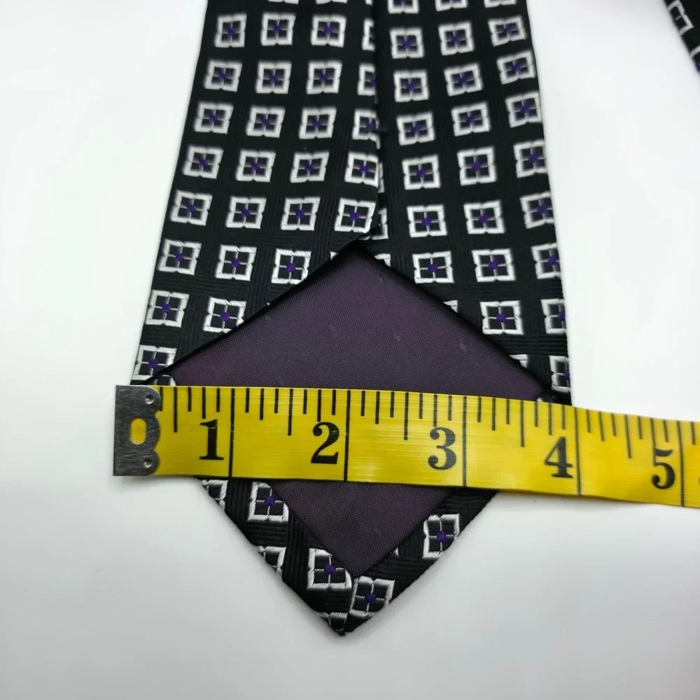 Paul Fredrick Italian Silk Necktie Black Silver Purple Geometric Pattern‎ 57x4